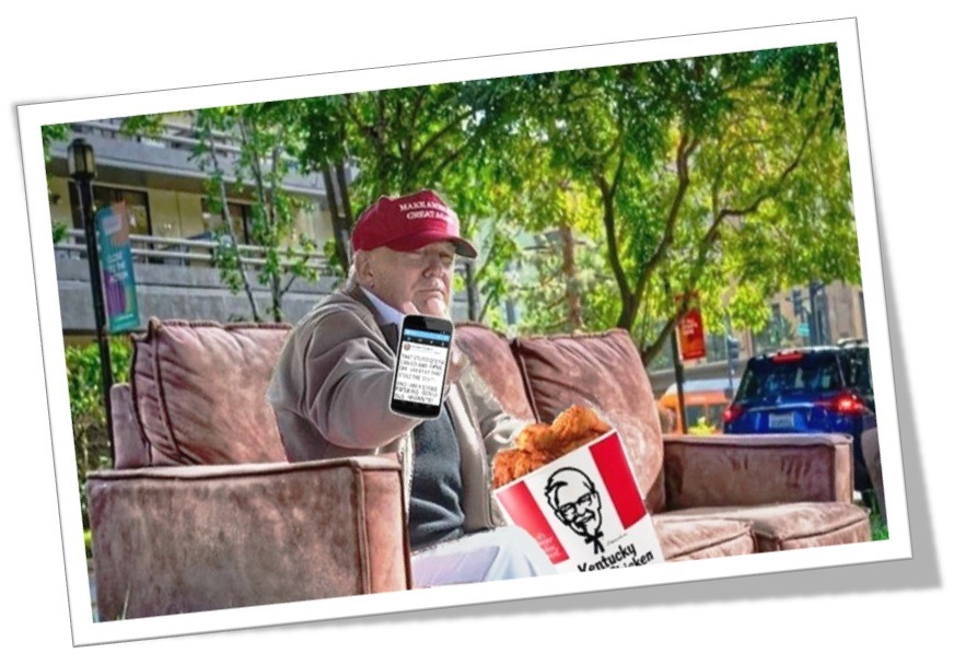 Trump sits on couch and plays with his phone tweeting.